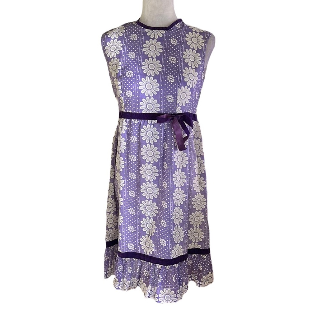 Vintage Lady McGuire Lavender Lilac White Daisy Velvet Bow Ruffle 1960 Dress - M